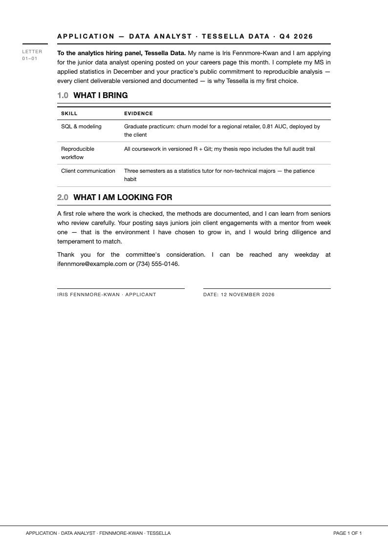 Minimalist grid application letter